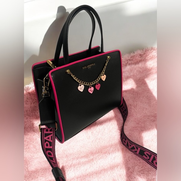 New KARL KAHERFEKD PARIS BLACK FUSCHIA LOVE STYLE CROSSBODY BAG - Picture 3 of 16